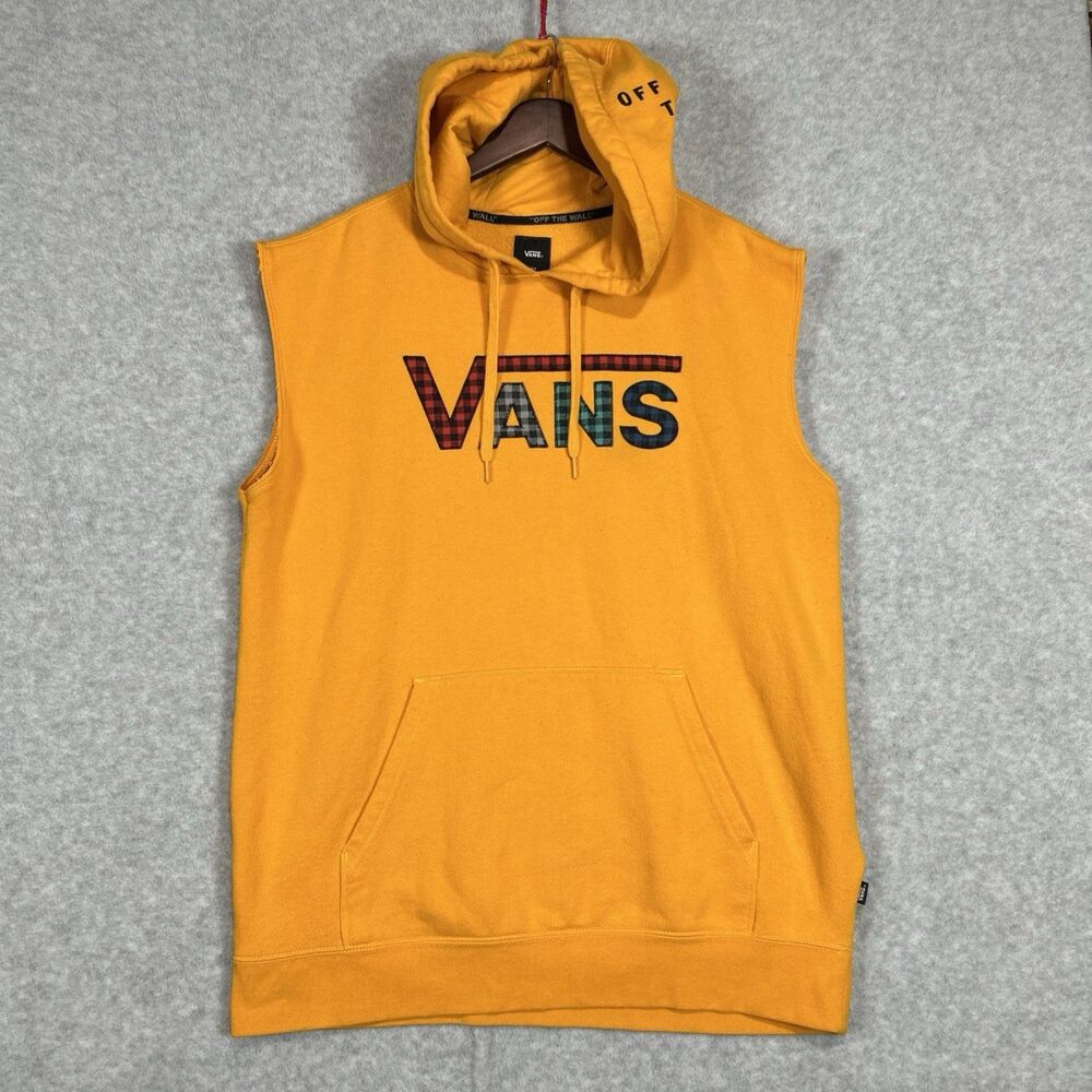 Vans Mens Sleeveless Hoodie Plaid Logo Off The Wall Hood Print Large Gold Yellow
